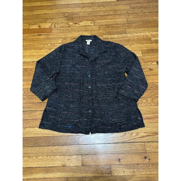 TravelSmith Womens Blazer Style Jacket Size Large Black Striped Knit Button Down - Picture 1 of 6